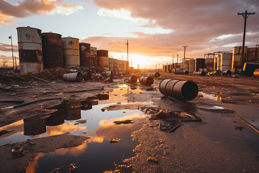 Rusted chemical drums scattered across a contaminated industrial site at sunset