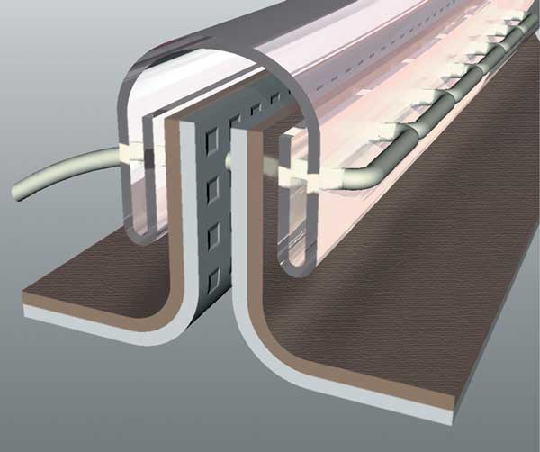 Cutaway diagram of a bound seam construction in protective suit fabric