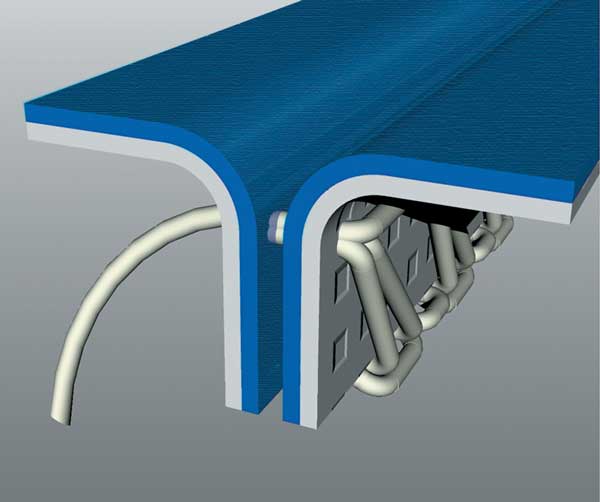 Cutaway diagram of a serged, stitched seam in protective suit fabric