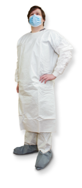 Man wearing a white Kappler ProVent isolation gown, surgical mask and boot covers