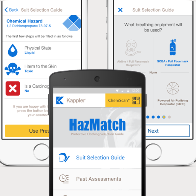 Kappler HazMatch app suit-selection guide screens shown on phones, with ChemScan feature