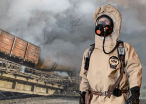 Responder in a tan DuraChem 500 suit and respirator at a burning railcar derailment