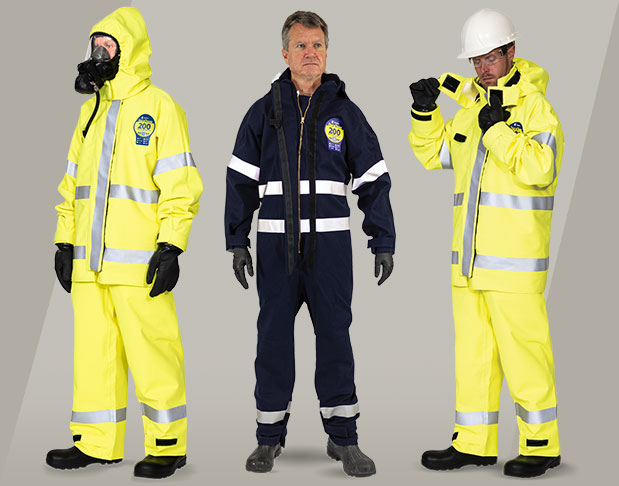 Kappler DuraChem 200 suits in yellow hi-vis and navy shown on three models