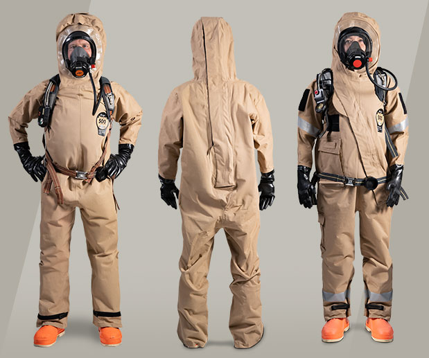 Front, back and side views of the tan Kappler DuraChem 500 CBRN suit