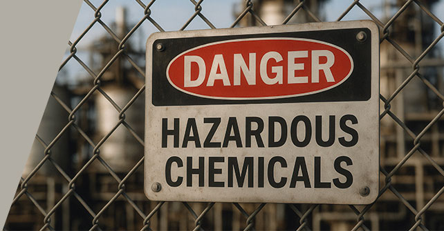 DANGER Hazardous Chemicals warning sign on a chain-link fence at a plant