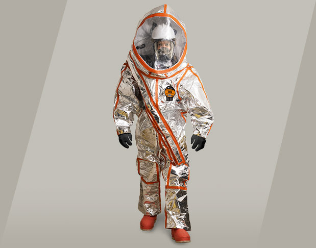 Aluminized Kappler Frontline 500 flash-fire suit with orange trim shown on a model