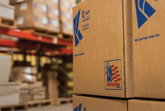 Stacked Kappler shipping boxes with an American Made label in the warehouse