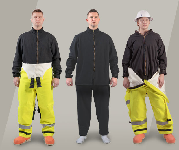 Three people wearing Kappler Thermal Liners layered under firefighter turnout gear