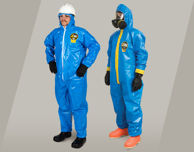 Two workers wearing blue Kappler Zytron 100XP coveralls with hard hat and respirator