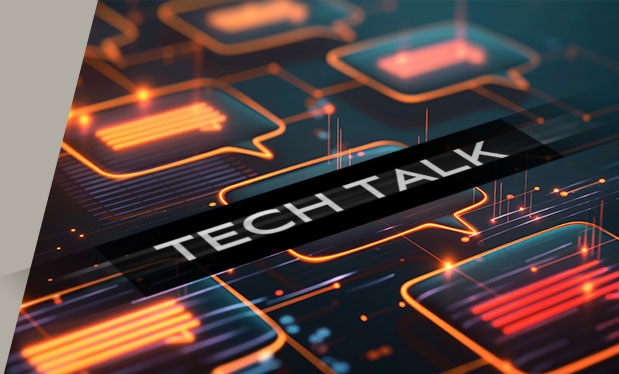 Tech Talk blog banner with speech bubbles on a glowing circuit board