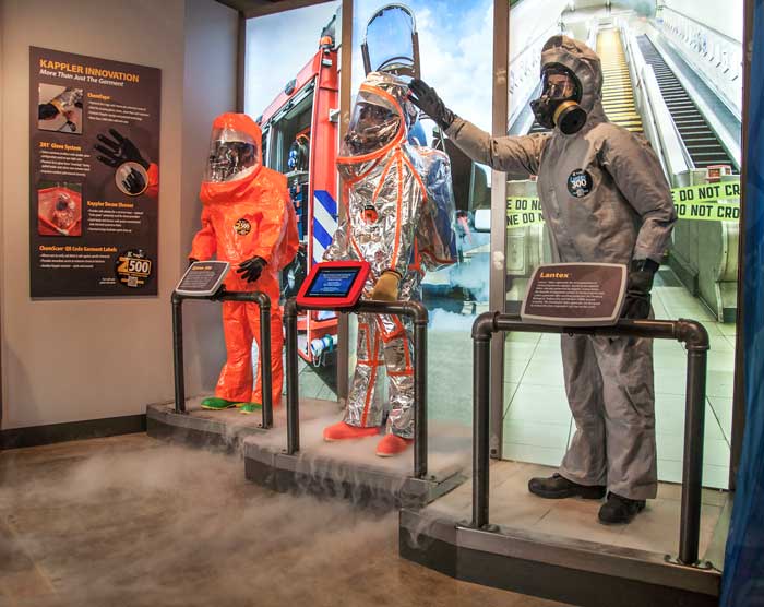 Kappler Museum display of orange, silver, and gray hazmat suits beside a Kappler Innovation panel
