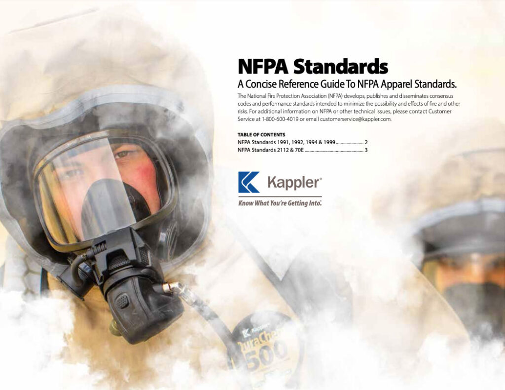 Kappler NFPA Standards reference guide cover, worker in DuraChem 500 suit and SCBA respirator in smoke