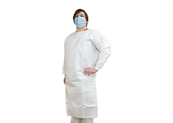 Worker in white Kappler ProVent suit and respirator wiping down military equipment outdoors
