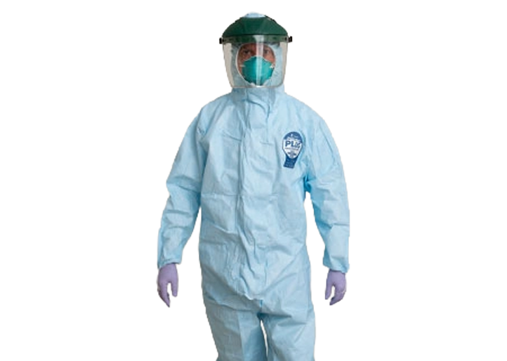 Person in a blue Kappler ProVent Plus coverall with face shield and surgical mask
