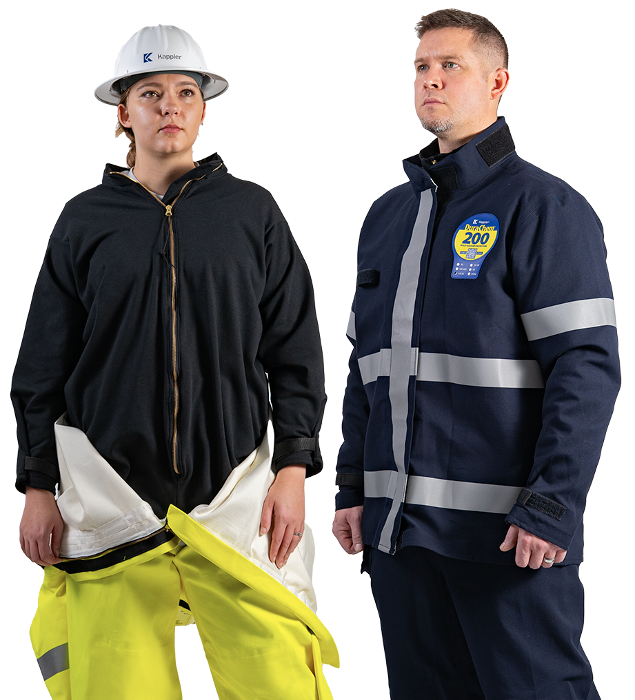 Worker in a Kappler Thermal Liner beside a worker in a navy DuraChem 200 suit