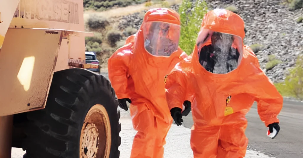 Two responders in orange gas-tight hazmat suits during a training drill near heavy equipment
