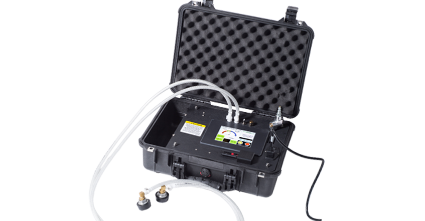 Kappler suit pressure test kit with gauge and hoses in a hard carrying case