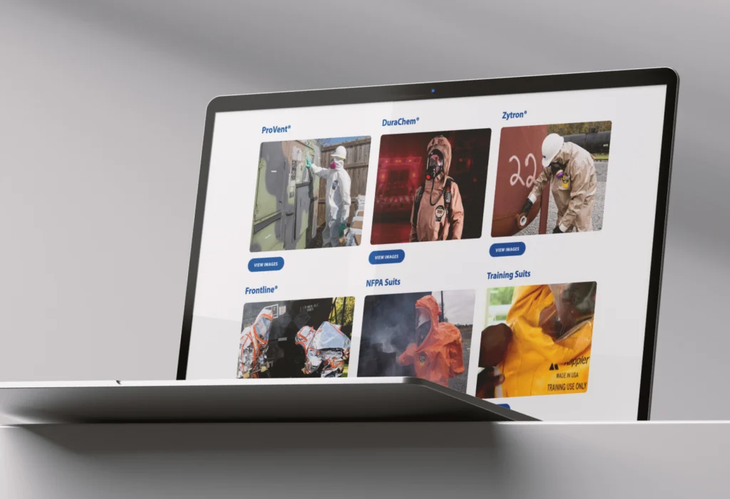 Laptop showing Kappler's image gallery with ProVent, DuraChem, Zytron, Frontline and NFPA categories