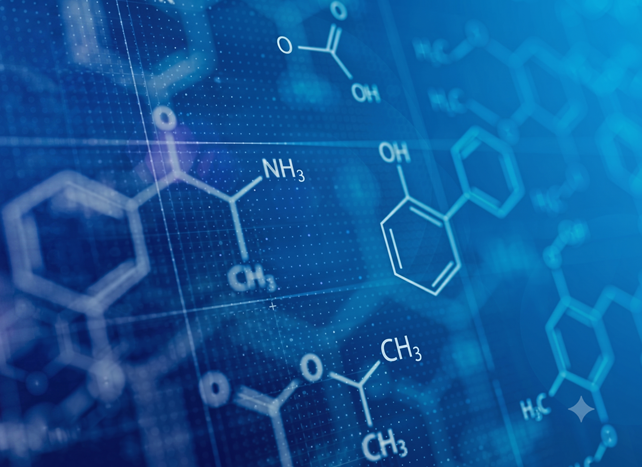 Chemical molecular structure diagrams on a blue technical background