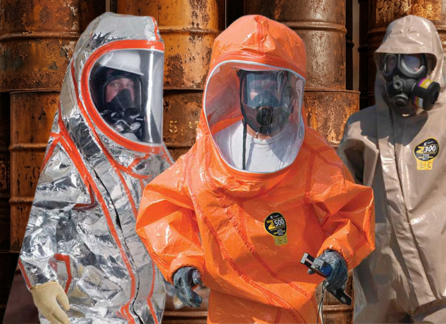 Three workers in Kappler protective suits, including an orange Zytron 500, near rusty chemical drums